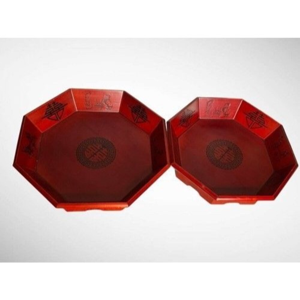VTG Korean Red Octagon Wooden Stack Serving Platter Trays Bowl Set Of‎ 2 China